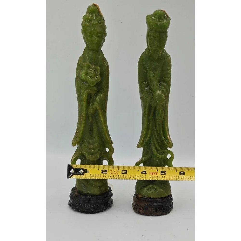 Vintage Ceremonial Jade Green Chinese Figure Carved Wax Candles Pair Unused